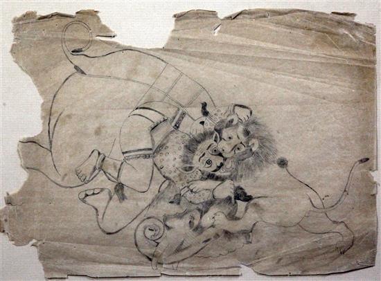 19th century Indian School Lion attacking an elephant rider, 8.5 x 12in., unframed